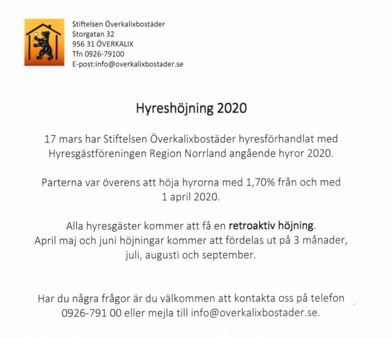 Hyreshöjning 2020 Överkalixbostäder